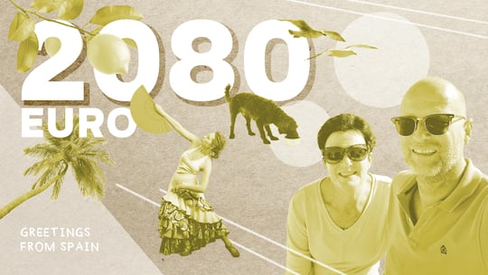 Bildcollage mit Paar, Flamencotänzerin und Palmen - Sara und Martin Liebherr gingen vorzeitig in Pension und wanderten nach Spanien aus. Ihren Lebensunterhalt finanzieren sie durch Miet- und Wertschriftenerträge – und aus Ersparnissen. Für die Beobachter-Serie legt das Ehepaar sein Budget offen