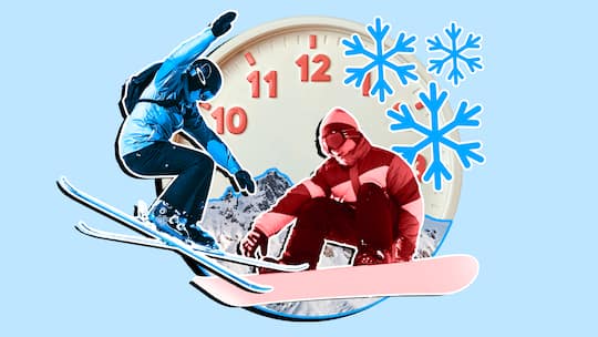 Wo ist Skifahren am Teuersten? In St. Moritz. Illustration von Skifahrern und Snowboardern vor einer Uhr