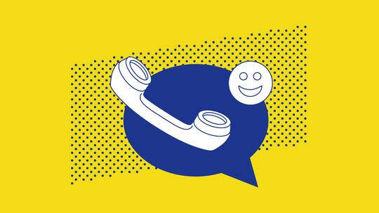 Ein Telefonhörer mit einem lachenden Gesicht vor einer blauen Sprechblase und einem gelben Hintergrund. An der Beobachter-Hotline erleben unsere Fachexpertinnen und Fachexperten auch immer wieder lustige Situationen mit den Anrufenden. Diese teilt der Beobachter hier.