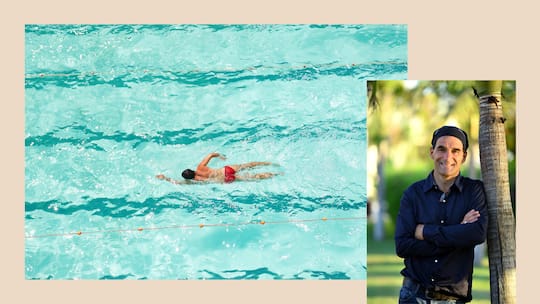 Collage mit Roy Hinnen und einem Schwimmer - Kraulen gilt als eleganteste, aber auch als schwierige Schwimmdisziplin. Schwimmcoach Roy Hinnen sagt, wie man im Wasser genug Luft bekommt und welche Fehler er am häufigsten sieht