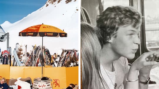 Links: Skiständer bei der Jatzhütte in Davos – rechts: Autor René Ammann im Alter von 17 oder 18