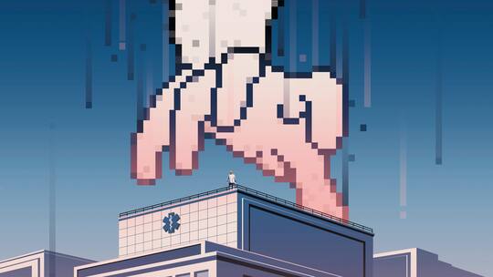 Illustration: Grosse Hand greift nach Spitalgebäude