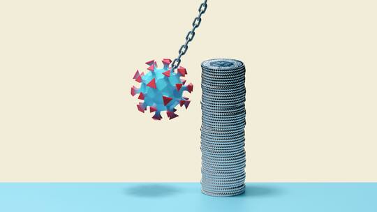 Illustration: Stapel von Münzen und ein schwebendes Coronavirus-Pendel