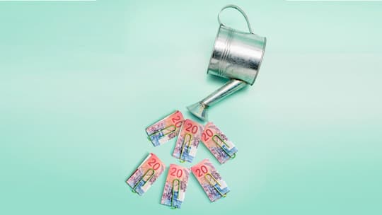 Eine Giesskanne und Bündel von 20er-Banknoten