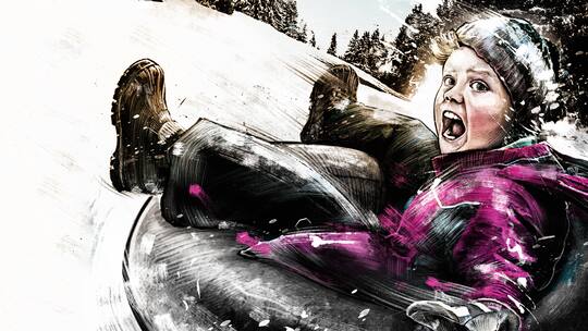 Illustration: Verängstigtes Kind schlittert auf Gummiring verschneiten Hang hinunter