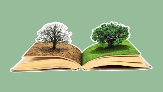 Zwei Bäume die aus einem aufgeschlagenen Buch wachsen.Auf der rechten Seite ein gesunder Baum, auf der linken ein verdorrter.