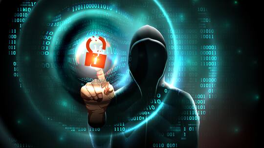 Computer hacker hood touches touchscreen with hacked lock symbol and binary code. Waves on abstract binary background hacker silhouette. Hacking computer system, database server, data theft, vector