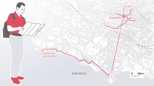 Lausanne ist die Ausgehmeile der Romandie: Die Illustration zeigt einen Mann mit Karte vor einem Stadtplan mit Nummern.
