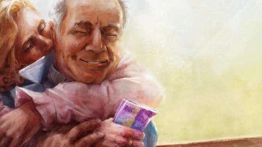 Ein Mann verliebt sich in eine Frau. Sie scheint interessiert. Am Ende ist er um 23000 Franken ärmer und darf sich ihr nicht mehr nähern. Illustration zeigt eine Frau, die einen Mann von hinten umarmt, er hält Geldnoten in der Hand. Beide lächeln.