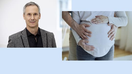 Collage zum Thema Ewigkeitschemikalie TFA: Porträt von Toxikologe Lothar Aicher und ein Bild des Bauchs einer schwangeren Frau.