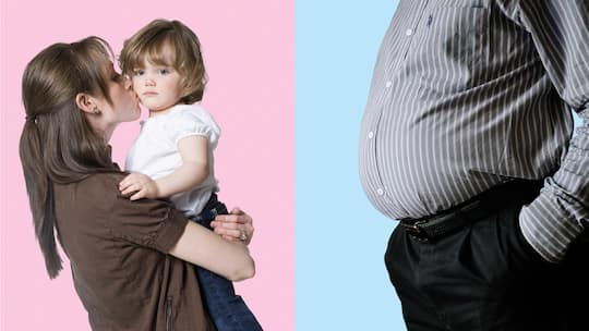 Mutter mit Kind auf Arm vs. Mann mit dickem Bauch