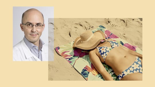 Collage mit Olivier Gaide - Eincremen schützt vor der Sonne! So denken viele. Doch der Dermatologie Olivier Gaide warnt: Sonnencreme wird oft falsch verwendet