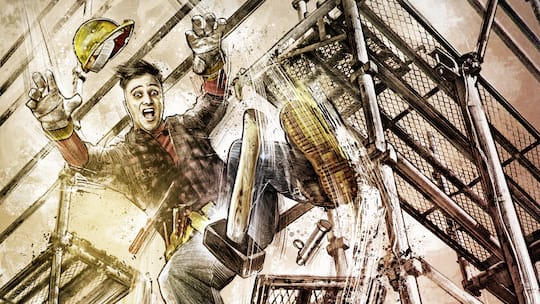 Illustration davon, wie ein Bauarbeiter von einem Gerüst fällt.