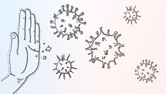 Eine Hand, die eine Abwehrbewegung in Richtung grafisch dargestellte Viren macht.