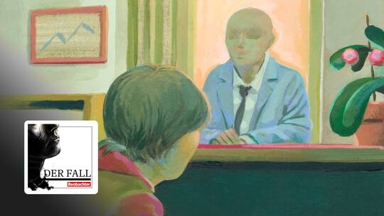 Illustration Podcast der Fall Vom Regen in die Traufe. Frau spricht mit Chef und bekommt Kündigung.