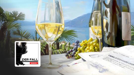 Illustration Wein und Gläser auf einem Tisch. Ein Ehepaar kauft ein idyllisches Anwesen im Tessin und lässt sich dort nieder. Wenige Jahre später wollen die beiden nur noch weg. Was ist passiert?