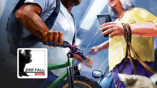 Illustration Junger Mann mit grünem Fahrrad wird von älterer Frau mit Smartphone konfrontiert.