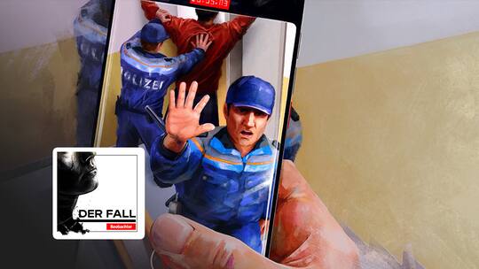 Illustration Podcast Der Fall. Eine Verhaftung im Treppenhaus wird gefilmt.