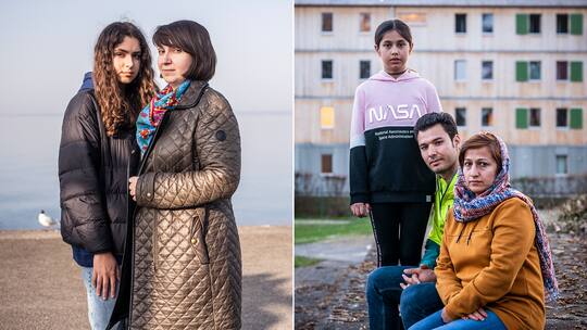 Flüchtlinge Maria und Olena Chepurenko (links) und Hosna (stehend), Mohammad und Aisheh Jabari.