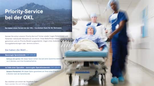 Auf einem Flyer der Orthopädischen Klinik Luzern ist ein «Priority Service» vermerkt, mit dem man den Termin für die Sprechstunde sowie für die Operation vorziehen kann. Daneben wird symbolisch eine Patientin auf einem fahrbaren Spitalbett eiligst in einen Operationssaal gebracht. Gemäss Bundesamt für Gesundheit ist ein solches Zusatzangebot für einen schnelleren Service nicht mit dem Krankenversicherungsgesetz konform.