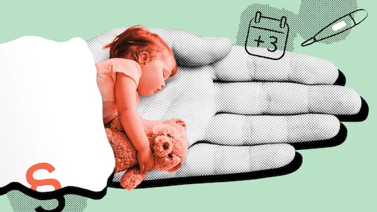 Collage: Kleines Kind mit Stofftier, Thermometer und Paragrafensymbol - Angestellte mit Familienpflichten haben besondere Rechte. Unter anderem dann, wenn das Kind erkrankt ist. Zehn Tipps für Eltern