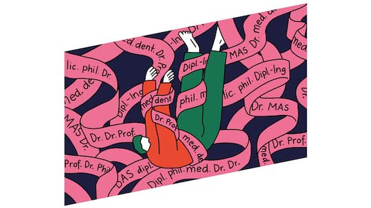 Illustration Schlusspunkt Beobachter mit Person, die durch Bänder mit akademischen Titeln fällt