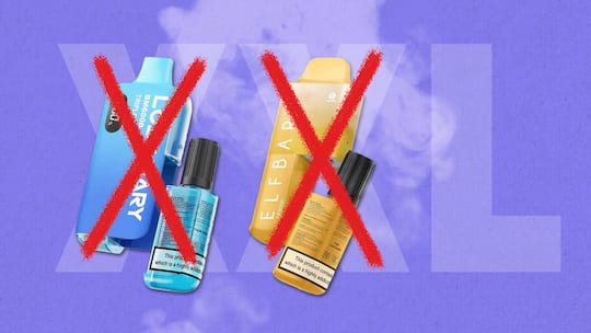 Bildcollage: Rot durchgestrichene Vape-Zigaretten mit Zusatztanks