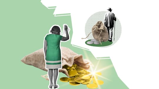 Collage mit Frau, Mann und Sack voller Münzen - Mein Ehemann und ich haben Gütertrennung vereinbart. Nun muss er ins Heim. Muss ich mich mit meinem eigenen Vermögen an den Kosten beteiligen?