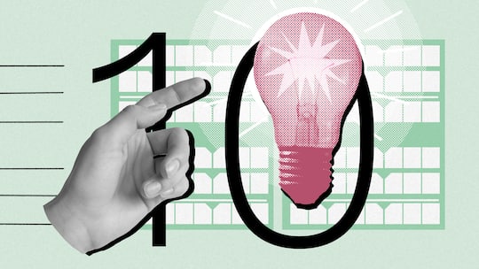 Collage mit der Zahl zehn und einer Glühbirne - Alle müssen die Steuererklärung ausfüllen - mit Betonung auf müssen. Mit diesen zehn Tipps gehen Sie Schritt für Schritt und ohne Stress vor