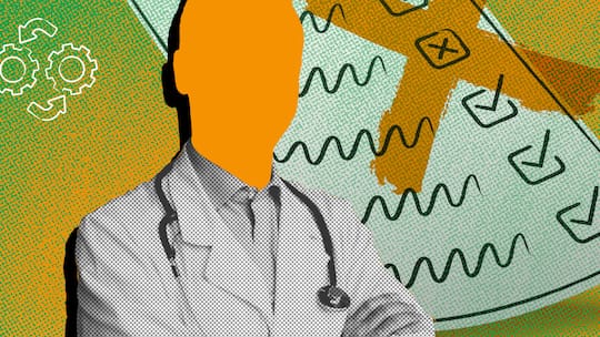 Eine Person mit Arztkittel und Stethoskop vor einer Checkliste und grün-orangenem Hintergrund. Der Kopf ist orange. Muss man den Hausarzt beim Kassenwechsel tauschen?