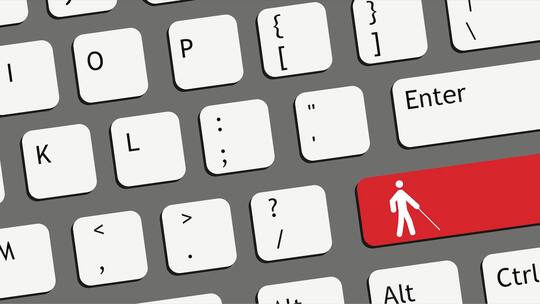 Ein Ausschnitt einer Tastatur mit einer roten Taste, auf der ein Piktogramm einer blinden Person zu sehen ist.