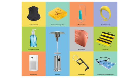 Verschiedene Corona-Produkte vom Desinfektions-Armband bis zum Schlauchschal.