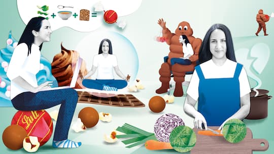 Beobachter-Autorin Nicole Krättli will in einem Selbstversuch herausfinden, wie emotionales Essverhalten sich bei ihrer Ernährung auswirkt und was die Gründe dafür sind. Die Autorin ist in verschiedenen illustrierten Posen dargestellt. Etwa meditierend mit Schokolade in den Händen oder auf einer Schoggikugeln sitzend beim Arbeiten auf dem Laptop.