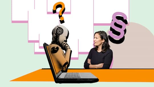 Beobachter-Rechtsexpertin Nicole Müller stellt juristische Fragen an den Chat-Bot «ChatGPT». Die künstliche Intelligenz ist als Roboter dargestellt, die aus einem Laptop-Bildschirm hinausragt. In dieser Unterhaltung will die Juristin mehr über Kaufverträge wissen und was in Bezug dessen im Schweizer Recht gilt.