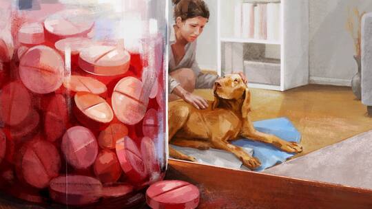 Illustration: Frau streichelt zärtlich ihren kranken Hund