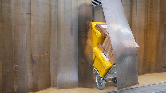 Paketzusteller der Schweizerischen Post Halid Dursun befoerdert Pakete auf einer Sackkarre fuer die Zustellung zum Kunden, aufgenommen am Montag, 15. November 2021 in Zuerich. (KEYSTONE / Ennio Leanza)