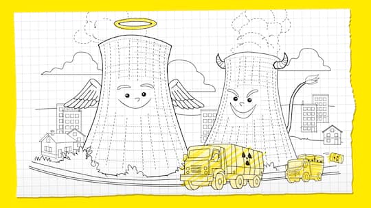 Illustration AKW als Engelchen oder Teufelchen: Sind AKW wirklich gut fürs Klima? Viele finden Atomkraftwerke gut – viele finden sie schlecht. Wir erklären auf drei Arten, warum.