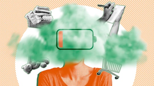 Illustration Frau mit Wolke vor dem Kopf - Oft sind es die Frauen, die den Alltag von Paaren und Familien organisieren – und damit einen Grossteil der mentalen Last tragen. Dabei können Männer lernen, wie das geht