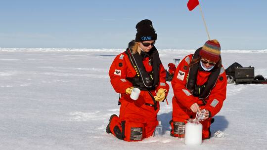 Zwei Forscherinnen untersuchen Schnee in der Arktis