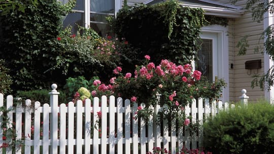 Gartenzaun aus weissen Holzlatten, dahinter verschieden Pflanzen und Blumen. Grenzabstände von Bepflanzungen zum Nachbarsgrundstück sind in jedem Kanton anders geregelt. Ein Überblick zu den Gesetzen in Ihrem Wohnkanton.