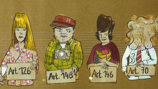 Illustration mit vermeintlichen Verbrechern, die ein Schild mit Nummern aus einem Gesetzesartikel hochhalten.