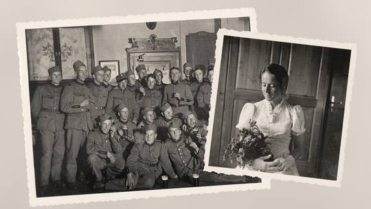 Fotos von Männern im Aktivdienst und Foto einer wartenden Frau daheim