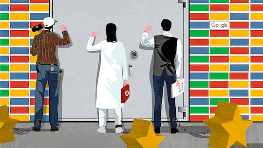 Illustration: Personen klopfen an eine verschlossene Tür bei Google