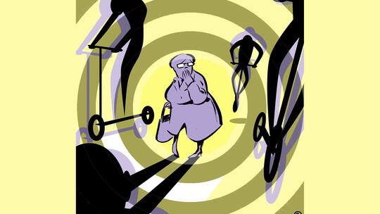 Illustration: Frau ist von E-Trottinetten umzingelt