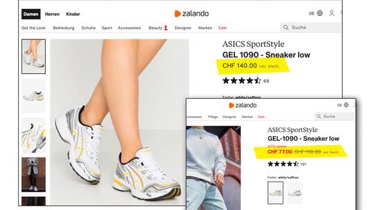 Preisunterschied bei Zalando beim Frauen- und Männer-Sneaker-Modell «Gel 1090» von Asics