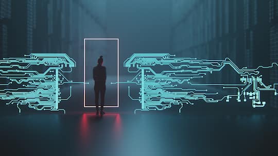 Eine junge Frau von hinten vor dunkelblauem Hintergrund mit digitalem Muster. In der Schweiz sollen Jugendliche vor Gewalt im Internet geschützt werden.