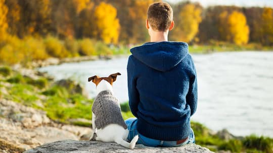 Ein Jugendlicher sitzt zusammen mit einem Hund auf einem Felsvorsprung und blickt auf einen See vor ihm. Wer ohne regelmässige Begleitung von Dritten gefährdet wäre, sich zu isolieren, hat Anspruch auf eine lebenspraktische Begleitung der Invalidenversicherung.