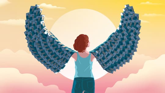 Illustration: Frau mit Flügeln aus Banknoten - Nur so wenig Geld ausgeben wie nötig, so viel wie möglich sparen und investieren: Die 33-jährige Leonie will frühzeitig in Rente gehen. Dieser Lebensstil stösst auch auf Kritik