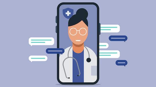 Illustration Ärztin in Mobiltelefon mit Sprechblasen vor lila Hintergrund. Apps können eine grosse Hilfe bei der Selbstdiagnose sein. Hier eine Übersicht.
