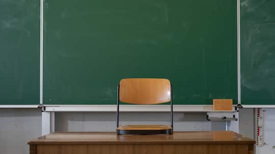School classroom background - Empty classroom with school blackboard, teacher's desk and raised chair
1476110708